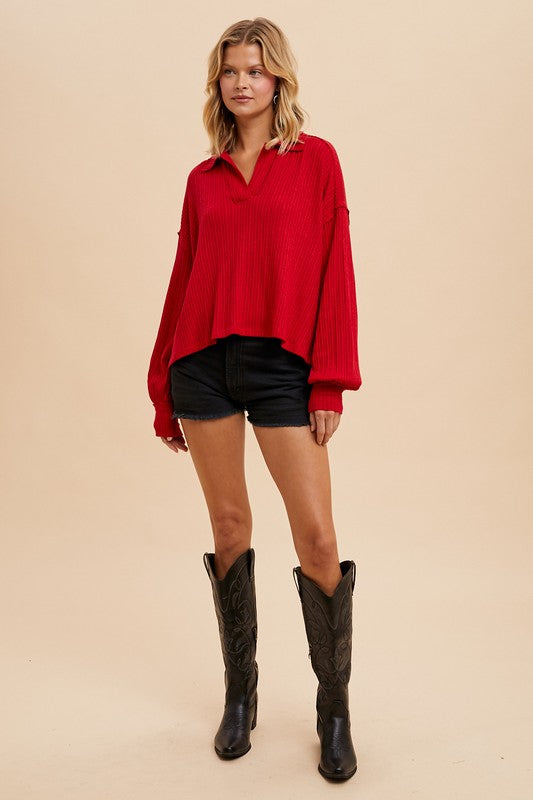 Quarter Split Oversized Polo Top Cranberry