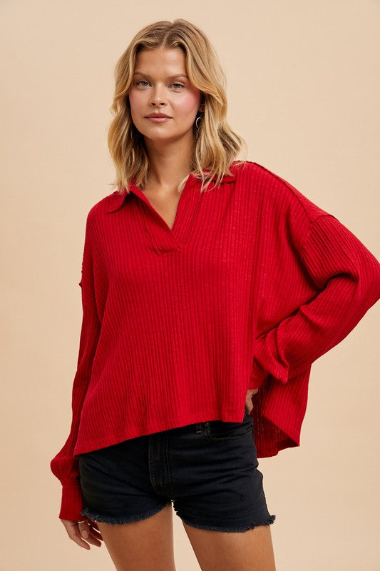 Quarter Split Oversized Polo Top Cranberry