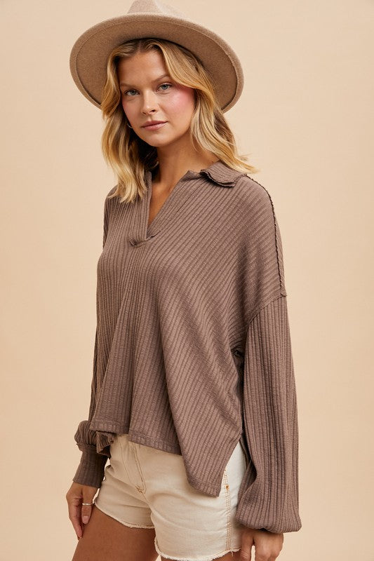 Quarter Split Oversized Polo Top Brown