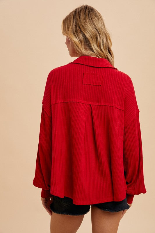 Quarter Split Oversized Polo Top Cranberry