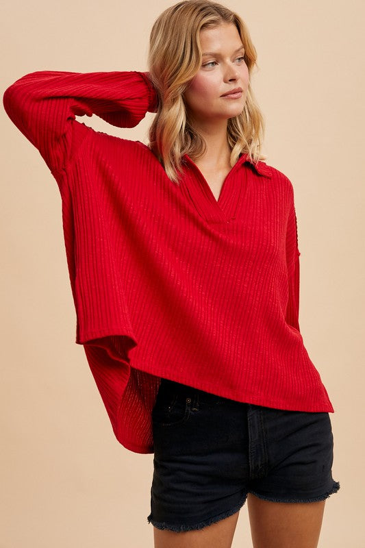 Quarter Split Oversized Polo Top Cranberry
