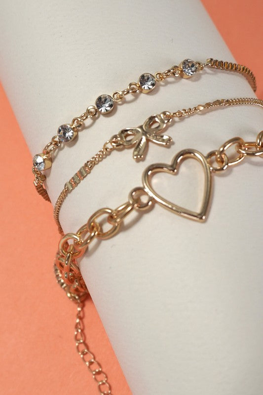 MULTI LAYER BOW HEART STATION RHINESTONE BRACELET