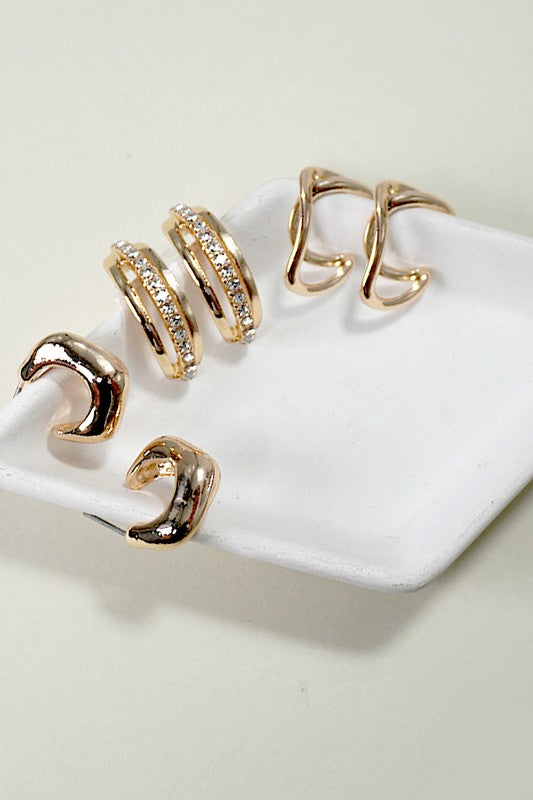 TRIO RHINESTONE HUGGIE HOOP EARRINGS SET OF 3