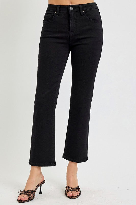 TUMMY CONTROL HIGH RISE CROP STRAIGHT JEANS BLACK RISEN JEANS