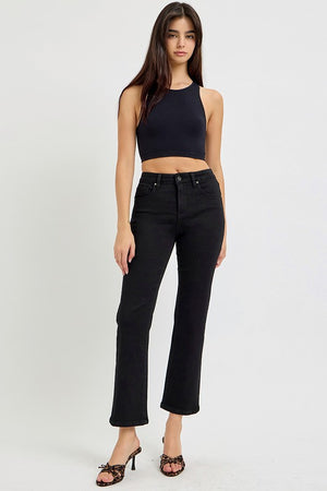 TUMMY CONTROL HIGH RISE CROP STRAIGHT JEANS BLACK RISEN JEANS