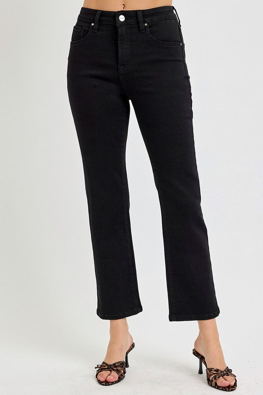 TUMMY CONTROL HIGH RISE CROP STRAIGHT JEANS BLACK RISEN JEANS