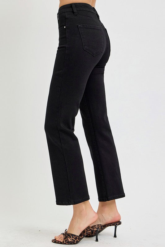 TUMMY CONTROL HIGH RISE CROP STRAIGHT JEANS BLACK RISEN JEANS