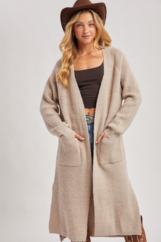 Longline Open Front Side Slit Cardigan Oatmeal