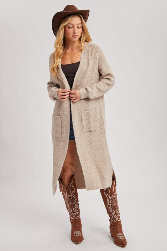 Longline Open Front Side Slit Cardigan Oatmeal