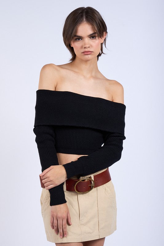 OFF-SHOULDER OVERFOLD KNIT SWEATER CROP TOP