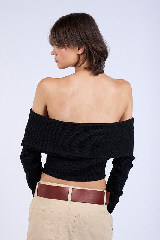 OFF-SHOULDER OVERFOLD KNIT SWEATER CROP TOP