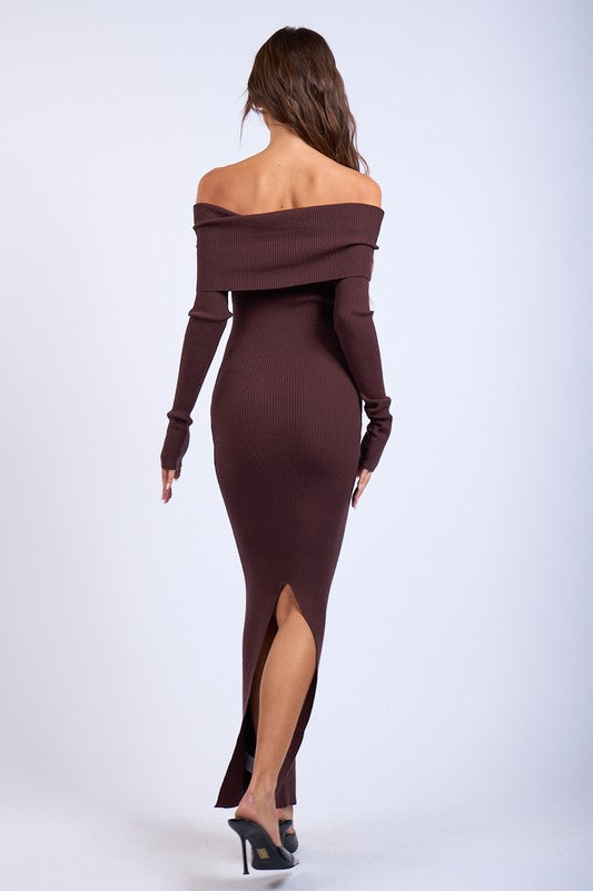 Fold Over Off Shoulder Knit Dress BROWN Medium Fold Over Off Shoulder Knit Dress BROWN Medium