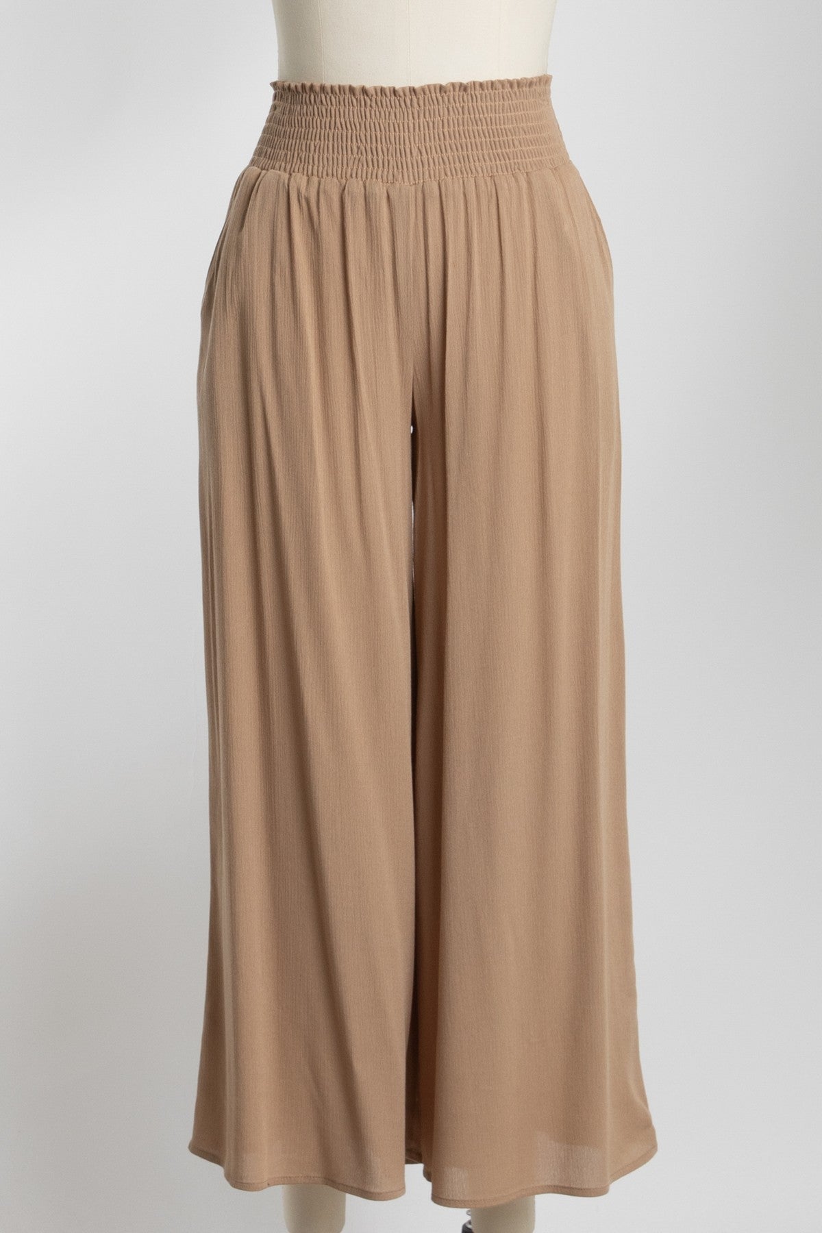 Smocked Waist Wide Leg Women Pants Taupe