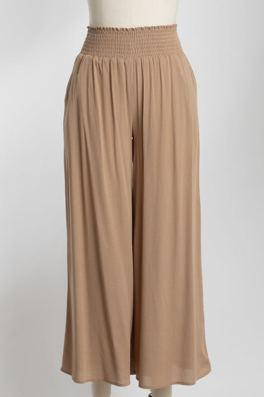 Smocked Waist Wide Leg Women Pants Taupe
