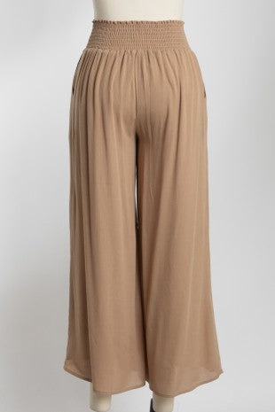 Smocked Waist Wide Leg Women Pants Taupe