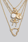 Pearl Heart Ribbon Charms Layered Chains Necklace