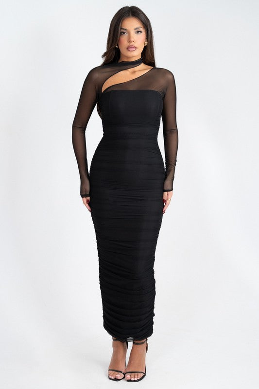 Mesh Sleeves Ruched Bodycon Black Dress – Mota Boutique
