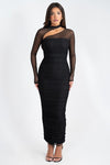 Mesh Sleeves Ruched Bodycon Black Dress