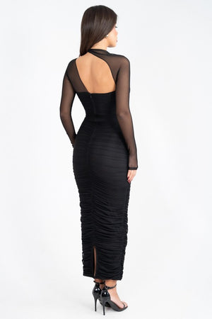 Mesh Sleeves Ruched Bodycon Black Dress