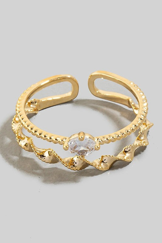 Gold Dipped Oval Cz Stud Layered Twisted Open Band Ring