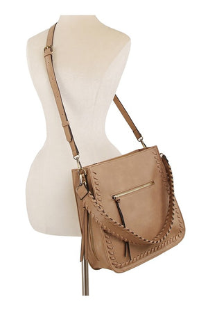 Braided Detail Faux Leather Messenger Shoulder Bag