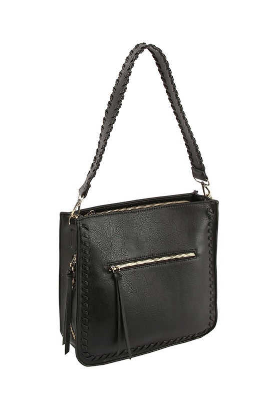 Braided Detail Faux Leather Messenger Shoulder Bag