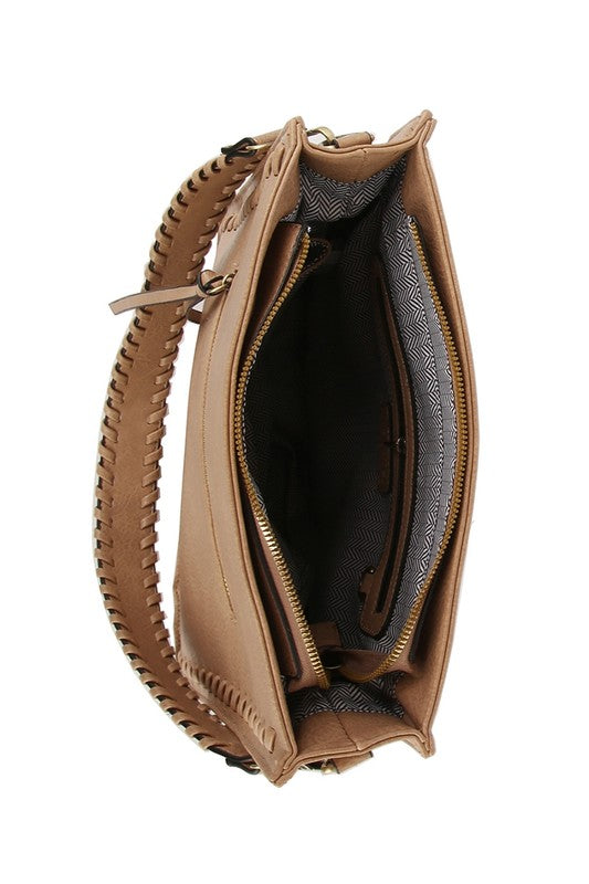 Braided Detail Faux Leather Messenger Shoulder Bag