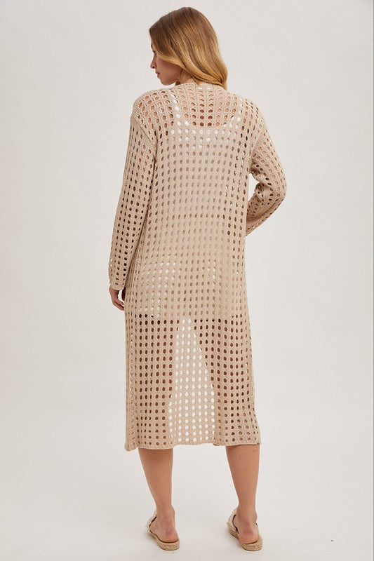 Open Knit Long Line Cardigan Beige Duster