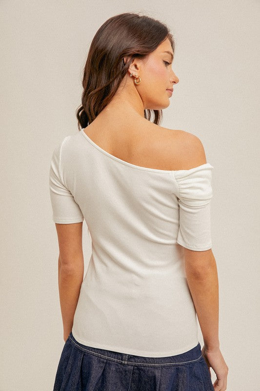 ASYMMETRICAL TWIST NECK RIB TOP WHITE