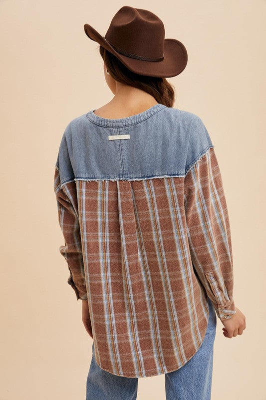 VINTAGE WASHED OVERSIZED CONTRAST BLUE JEAN DENIM PLAID HENLEY TOP