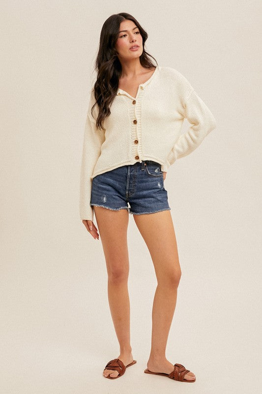 DROP SHOULDER OVERSIZED CROP CARDIGAN WHITE