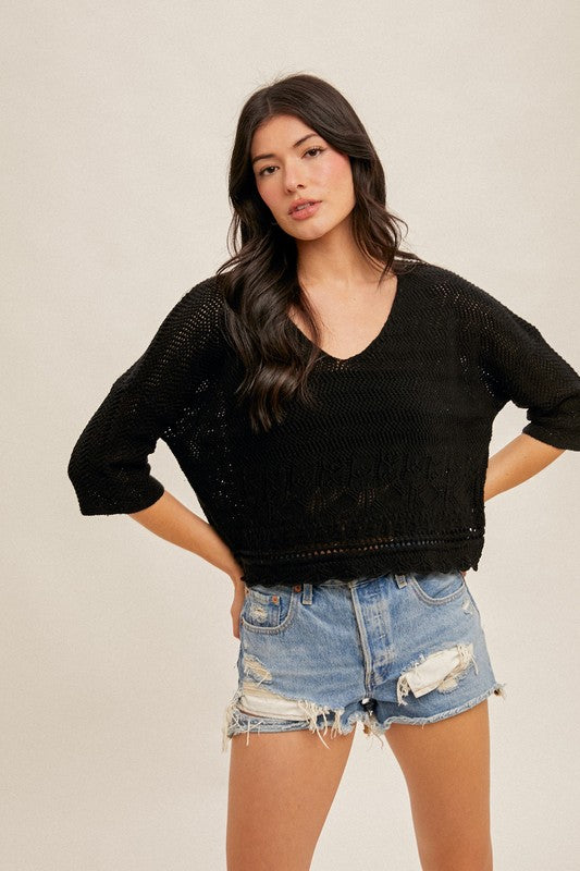 SCALLOP EDGE OPEN CROCHET OVERSIZED CROP TOP