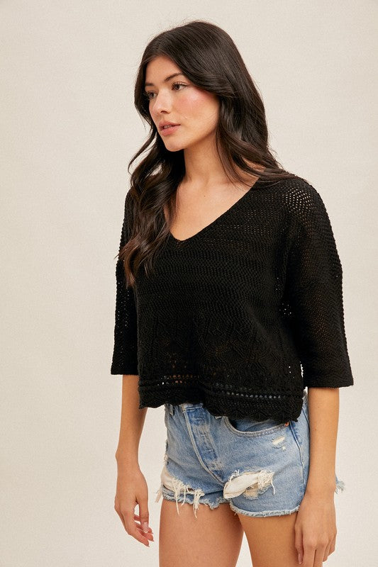 SCALLOP EDGE OPEN CROCHET OVERSIZED CROP TOP