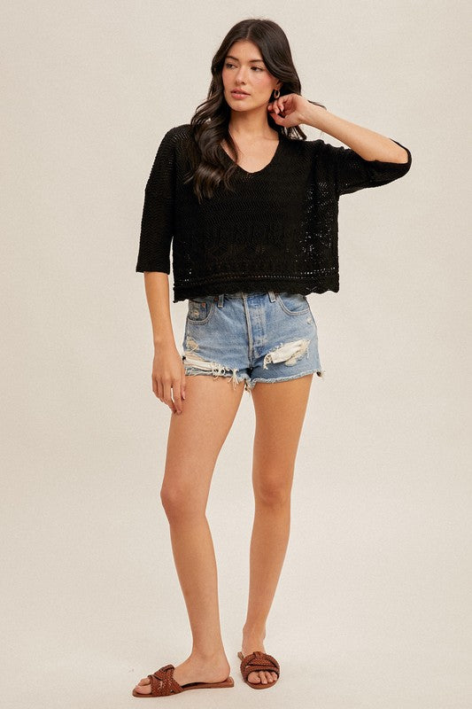 SCALLOP EDGE OPEN CROCHET OVERSIZED CROP TOP