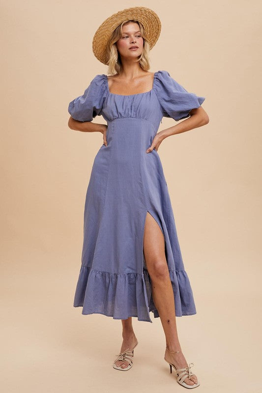 LINEN FIT AND FLARE EMPIRE BLUE DRESS