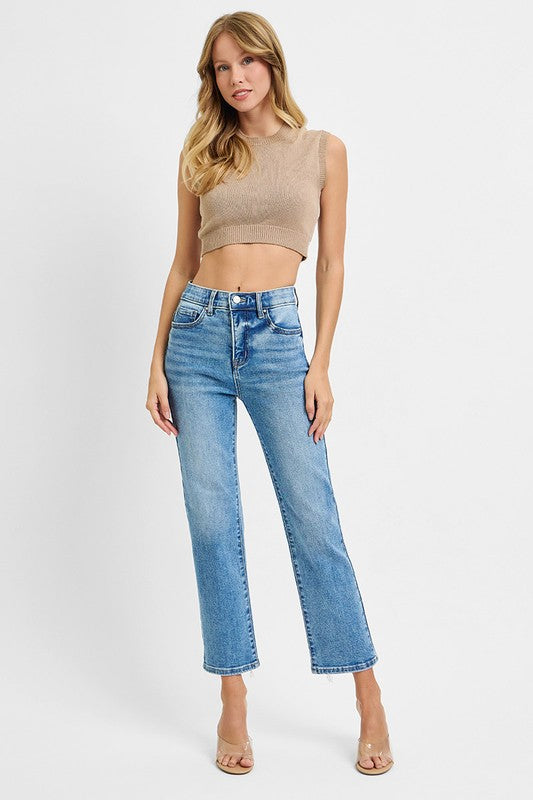 Tummy Control Elastic Band High Rise Crop Straight Risen Jeans