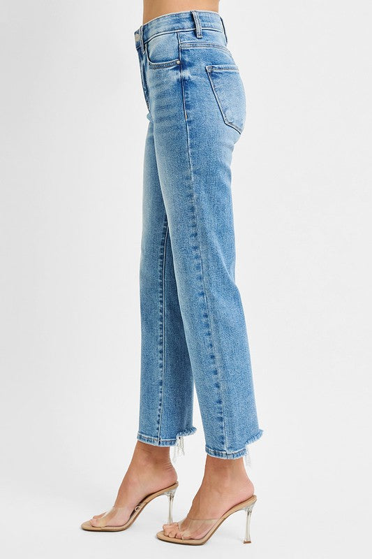 Tummy Control Elastic Band High Rise Crop Straight Risen Jeans