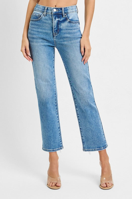 Tummy Control Elastic Band High Rise Crop Straight Risen Jeans