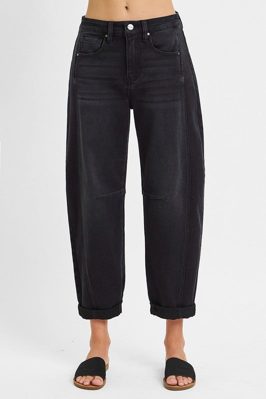 High Rise Crop Barrel Cuffed BLACK RISEN JEANS