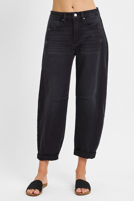 High Rise Crop Barrel Cuffed BLACK RISEN JEANS