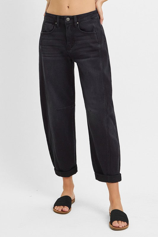 High Rise Crop Barrel Cuffed BLACK RISEN JEANS