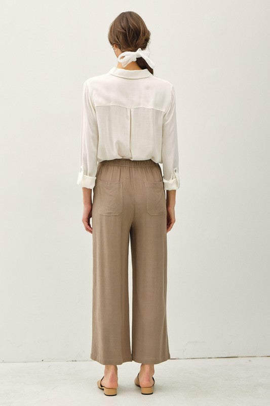 LINEN BLEND CROPPED WIDE LEG PANTS Khaki