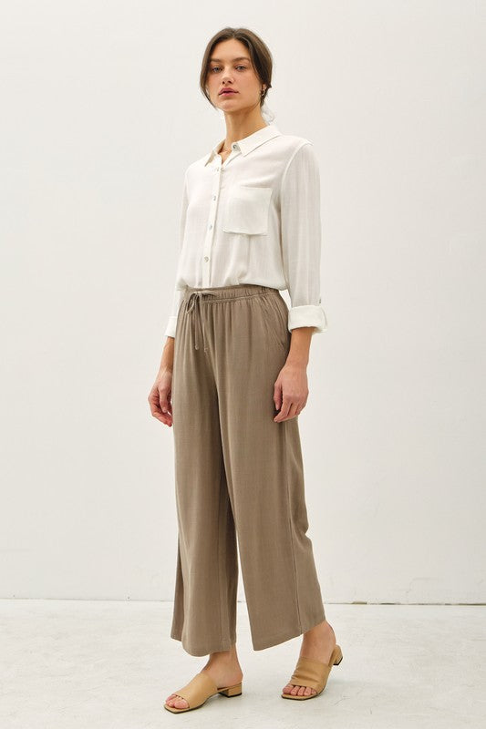 LINEN BLEND CROPPED WIDE LEG PANTS Khaki