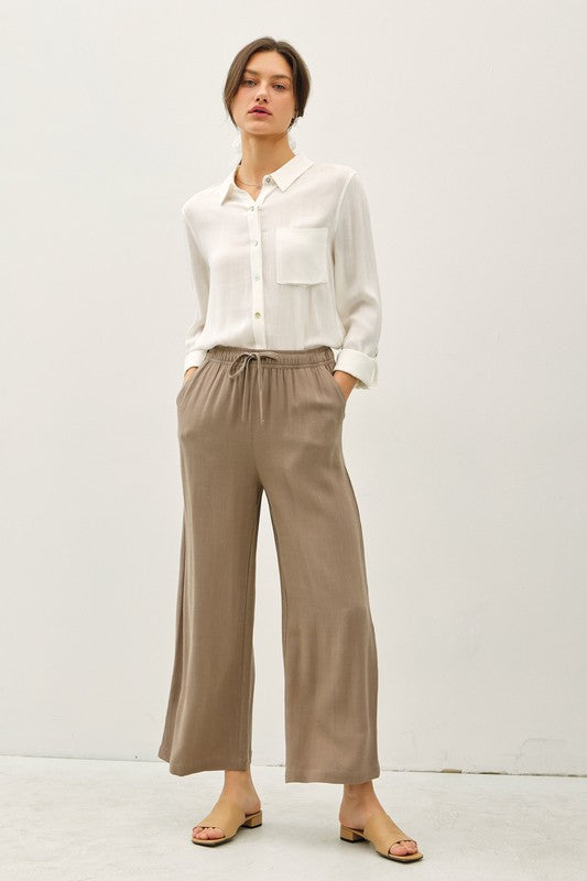 LINEN BLEND CROPPED WIDE LEG PANTS Khaki