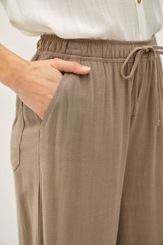 LINEN BLEND CROPPED WIDE LEG PANTS Khaki