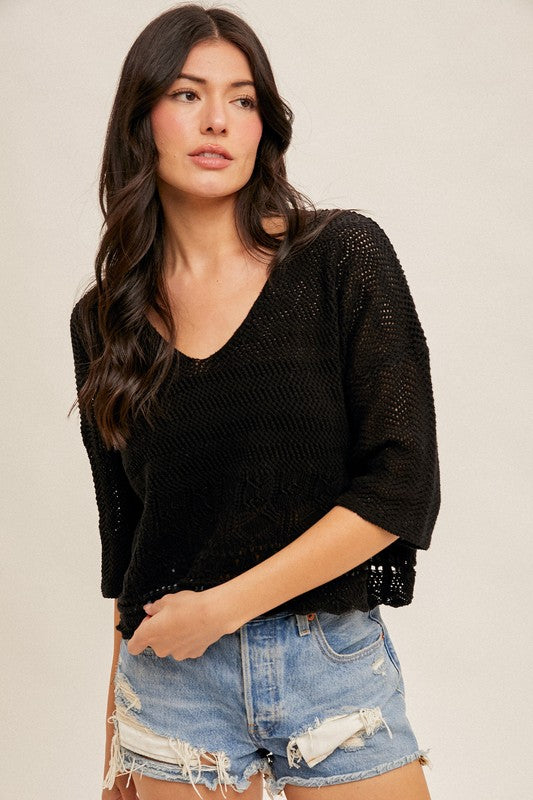 SCALLOP EDGE OPEN CROCHET OVERSIZED CROP TOP