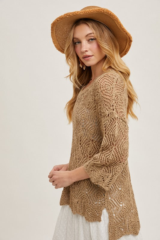 Crochet Oversized Open Knit 3/4 Sleeved Pullover Top Coffee Brown