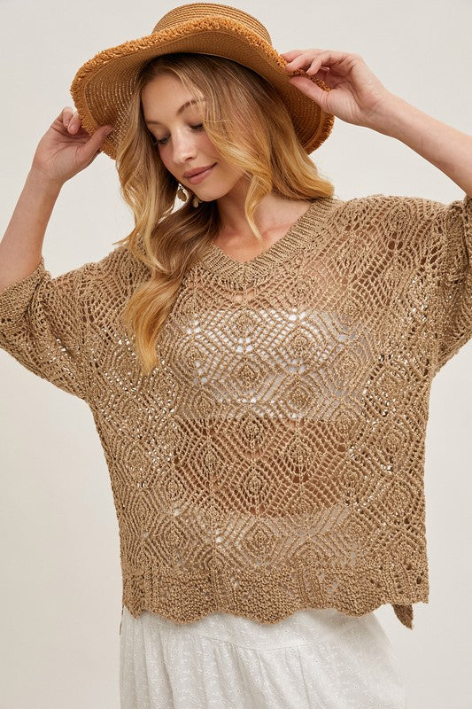 Crochet Oversized Open Knit 3/4 Sleeved Pullover Top Coffee Brown