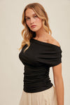 ASYMETRICAL NECK LINE RUCHED KNIT TOP BLACK