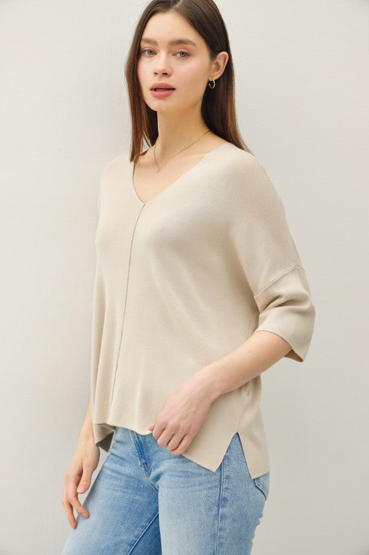 V-neck Dropped Shoulder Half Sleeve Sweater Top Cream